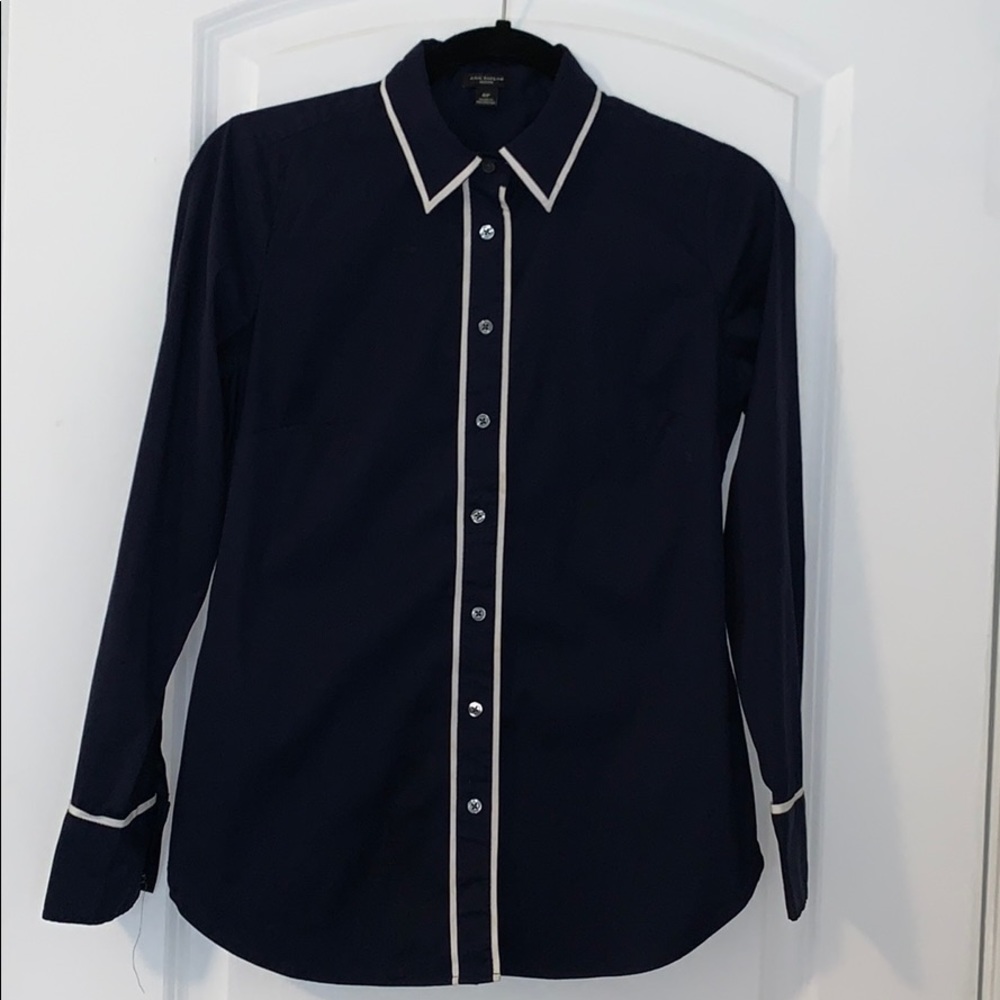 Ann Taylor White&Navy Button Down Shirt